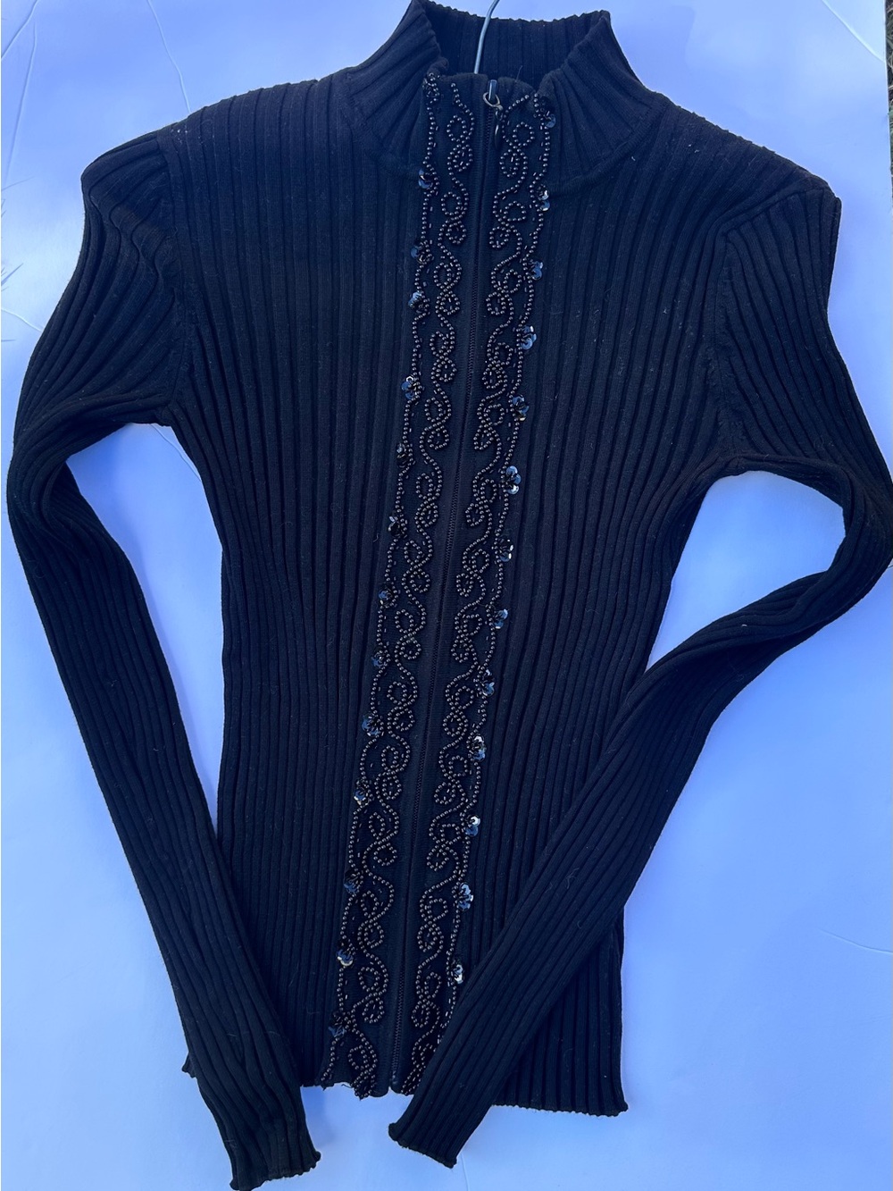 Belldini Black Ribbed Knit Beaded & Sequined Full-Zip Mock Neck Sweater - Size S